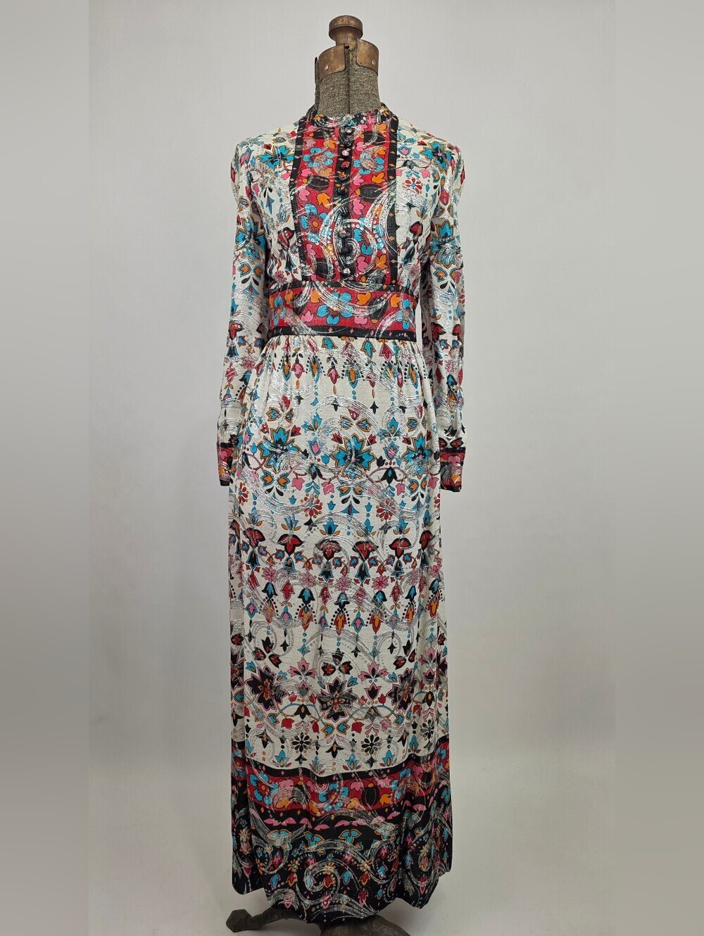 Vintage 60's Union Made ILGWU Women’s Metallic Turquoise Party Maxi Dress Small